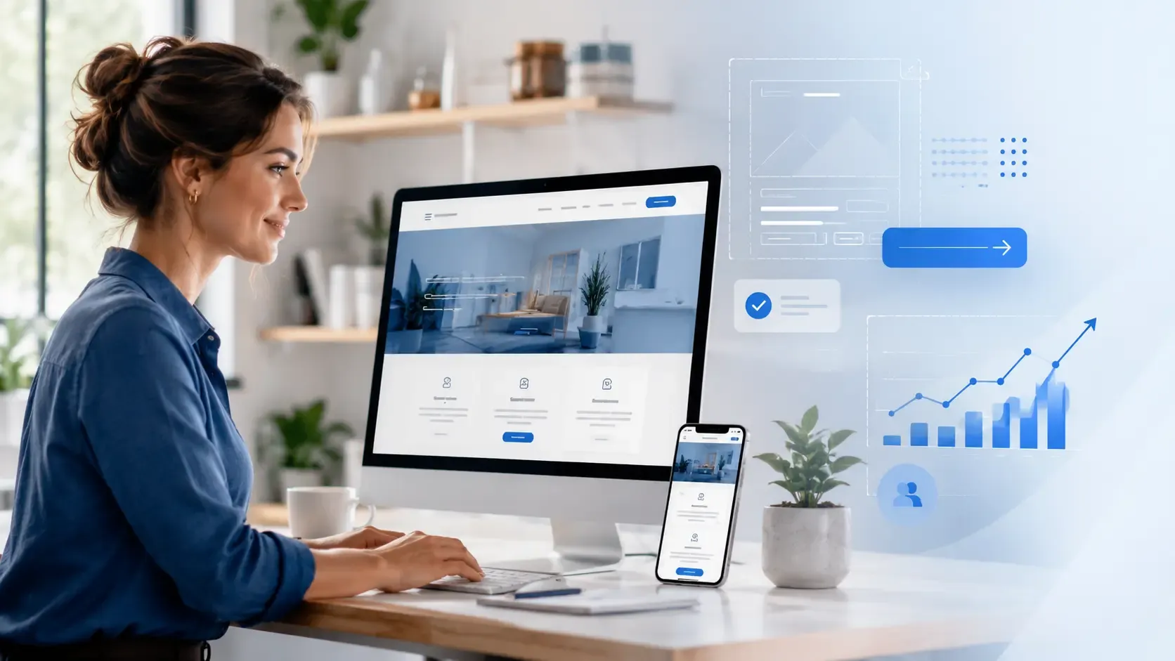 Unternehmerin arbeitet an einer modernen, mobil optimierten Website mit eingeblendeten Webdesign- und Analyse-Elementen